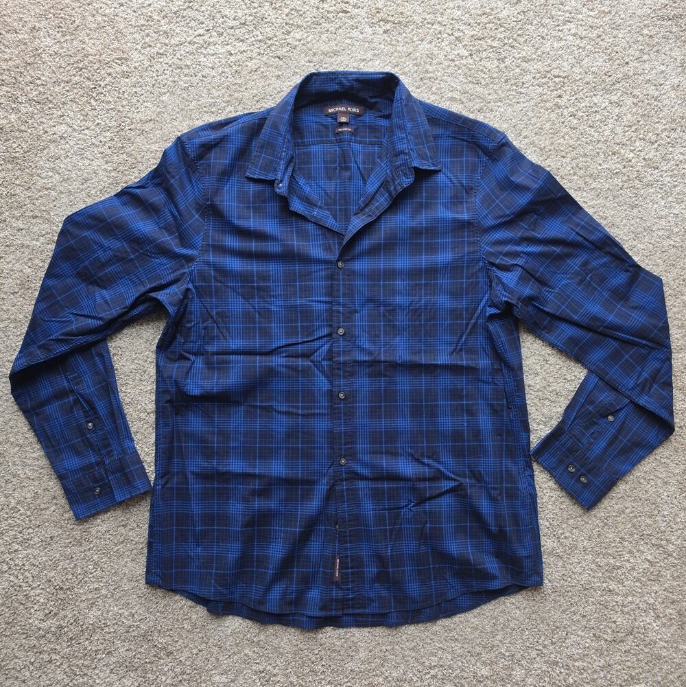 Michael Kors Blue Plaid Button Down Shirt - Mens XXL, 2XL - Trim Stretch